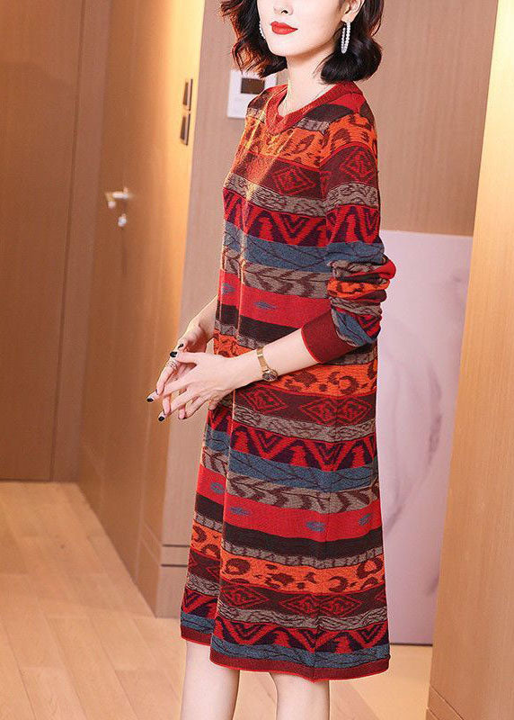 Style Red O-neck Striped Thick Long Knit Dress Long Sleeve