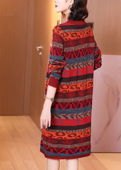 Style Red O-neck Striped Thick Long Knit Dress Long Sleeve