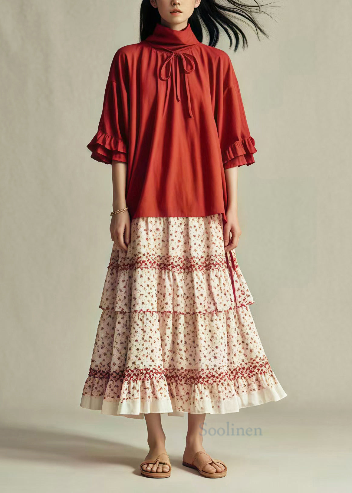 Style Red Turtle Neck Patchwork Cotton a Line Dresses Summer