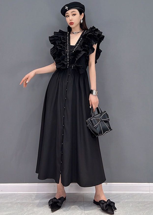 Style Black V Neck Original Ruffles Cotton Long Dress Vestidos Sleeveless