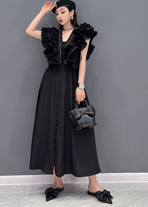 Style Black V Neck Original Ruffles Cotton Long Dress Vestidos Sleeveless