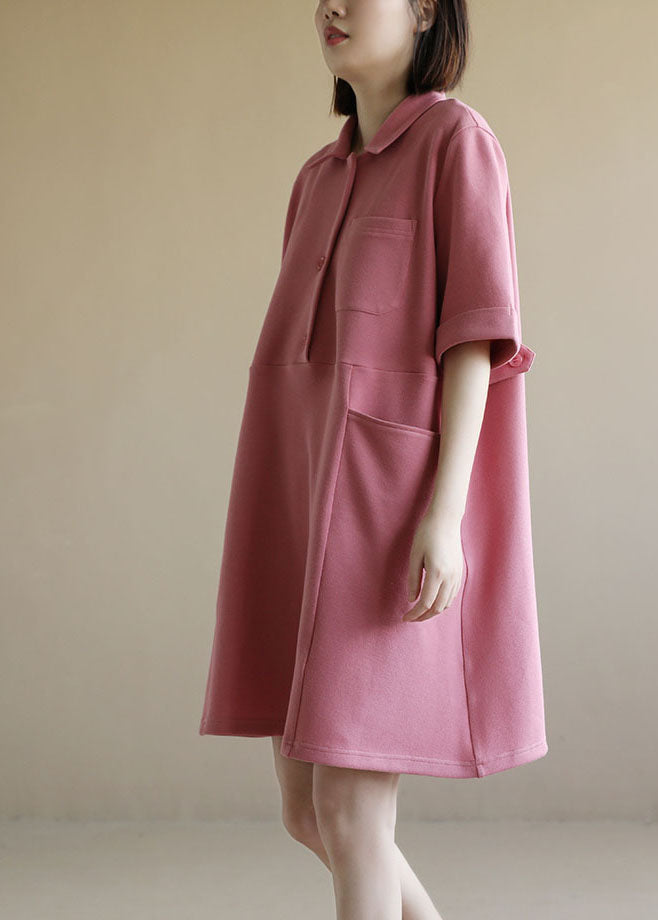 Style Pink Peter Pan Collar Big Pockets Cotton Loose Dress Short Sleeve