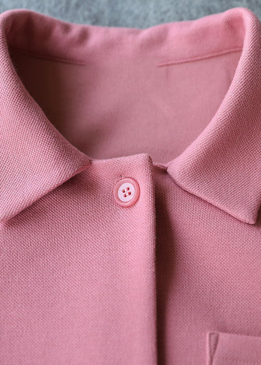 Style Pink Peter Pan Collar Big Pockets Cotton Loose Dress Short Sleeve