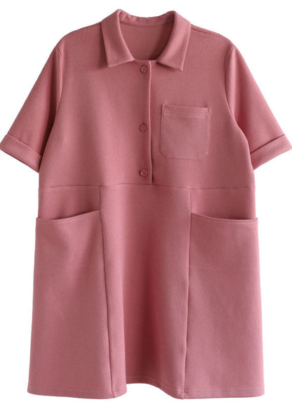 Style Pink Peter Pan Collar Big Pockets Cotton Loose Dress Short Sleeve