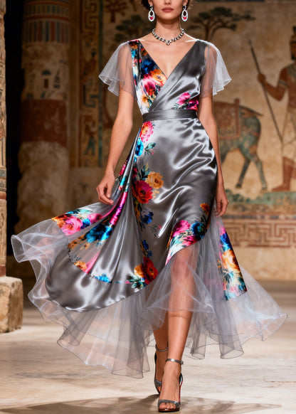 Style V Neck Asymmetrical Tulle Patchwork Silk Dresses Summer