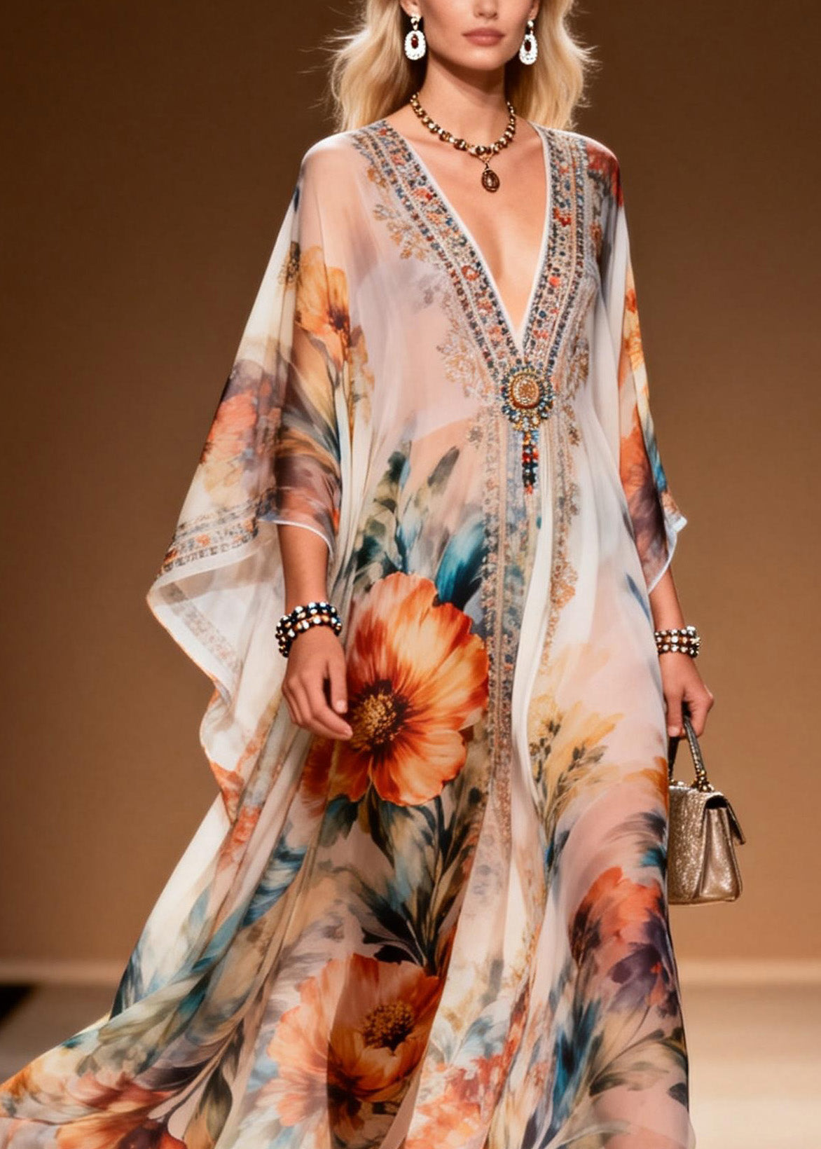 Style V Neck Print Chiffon Long Dresses Summer