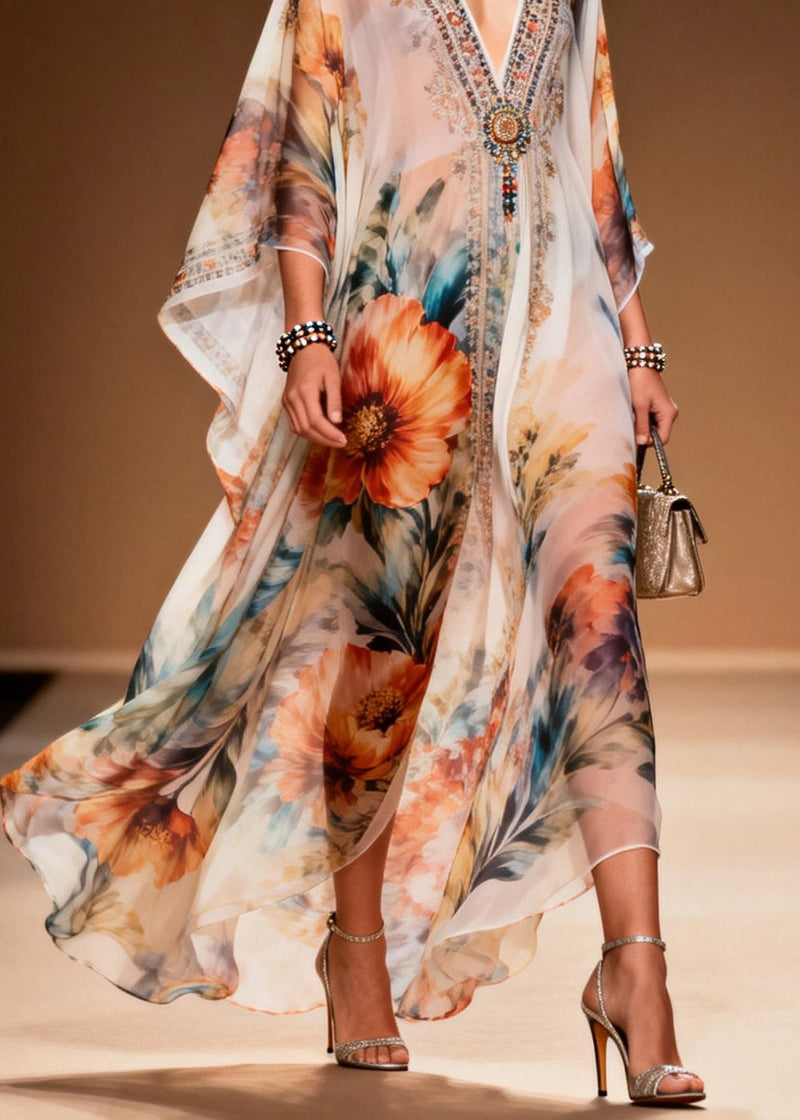 Style V Neck Print Chiffon Long Dresses Summer