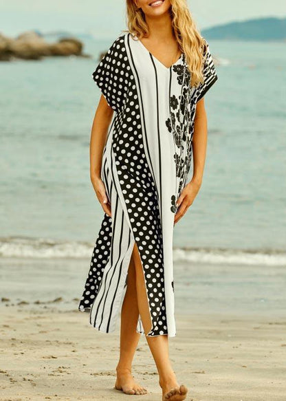 Style White Dot V Neck Cotton Loose Beach Gown Mid Dress