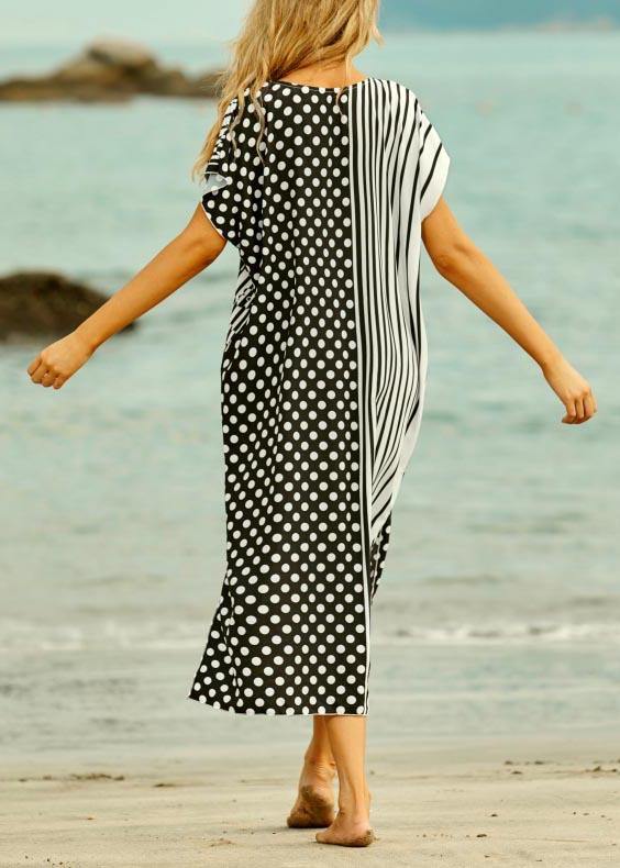 Style White Dot V Neck Cotton Loose Beach Gown Mid Dress