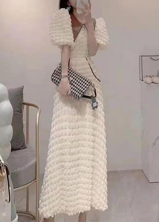 Style White O-neck Faux Leather Patchwork High Waist Long Dresses Puff Sleeve