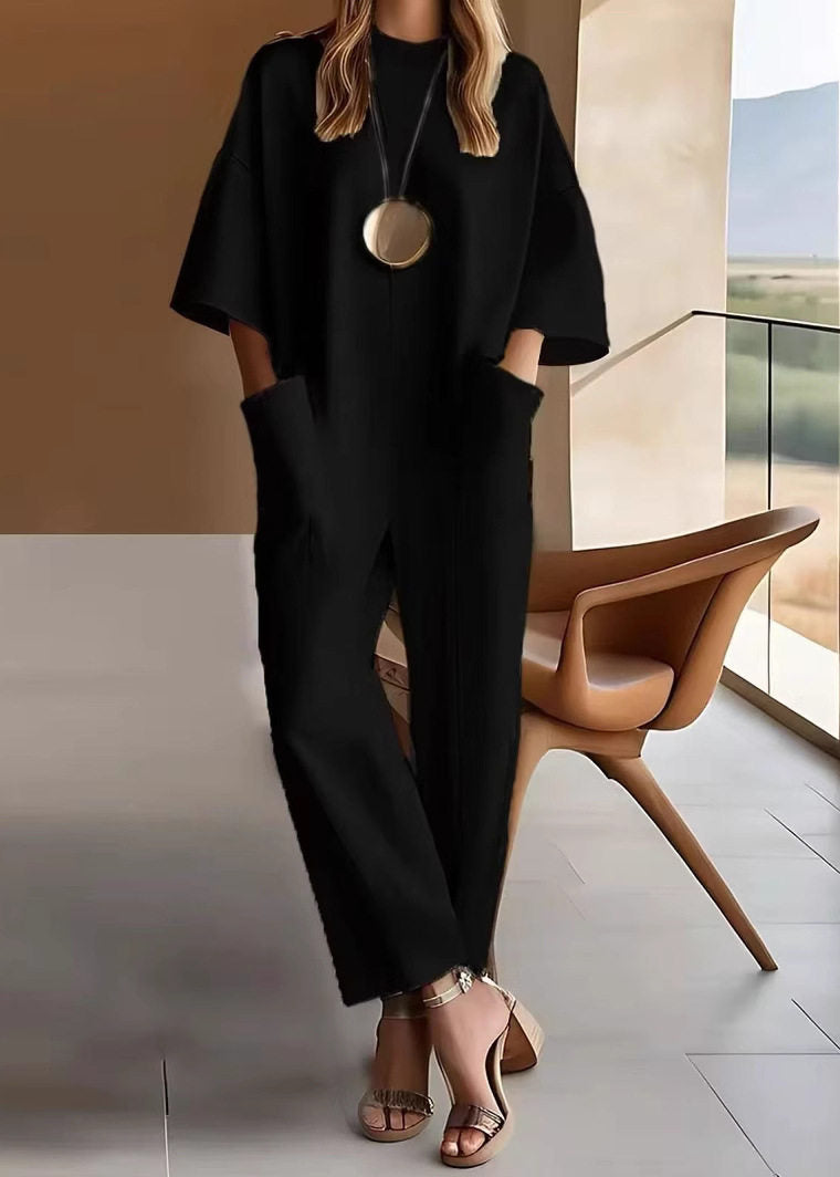 Style White O-neck Patchwork Pockets Jumpsuits Half Sleeve