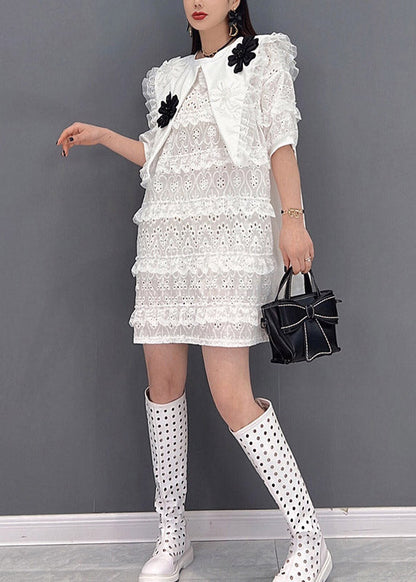 Style White O-neck Tulle Patchwork Lace Layered Dresses Short Sleeve
