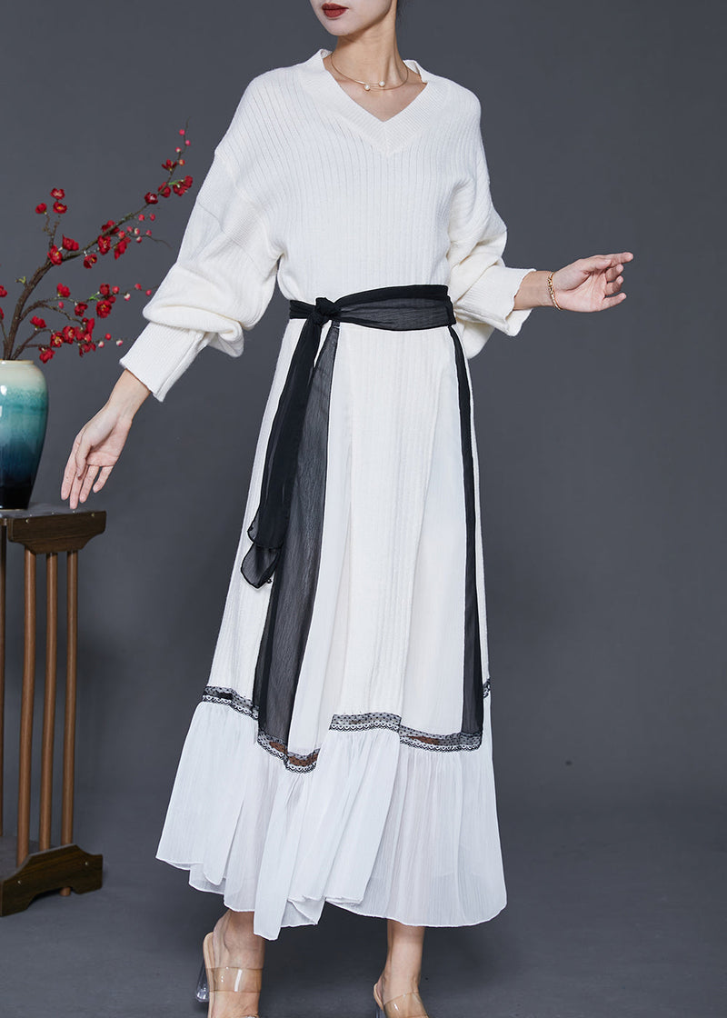 Style White V Neck Patchwork Knit Sweater and Skirt Two Pieces Set Spring
