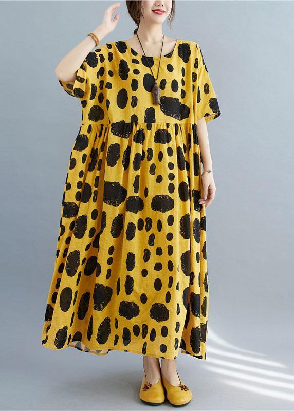 Style Yellow Loose O-neck Print Summer Cotton Dress Half Sleeve