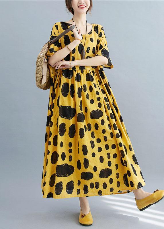 Style Yellow Loose O-neck Print Summer Cotton Dress Half Sleeve