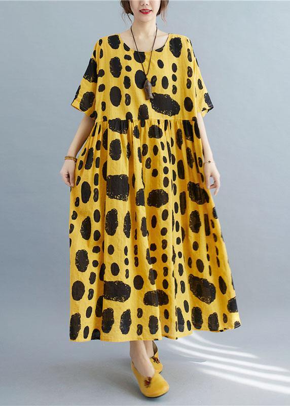 Style Yellow Loose O-neck Print Summer Cotton Dress Half Sleeve
