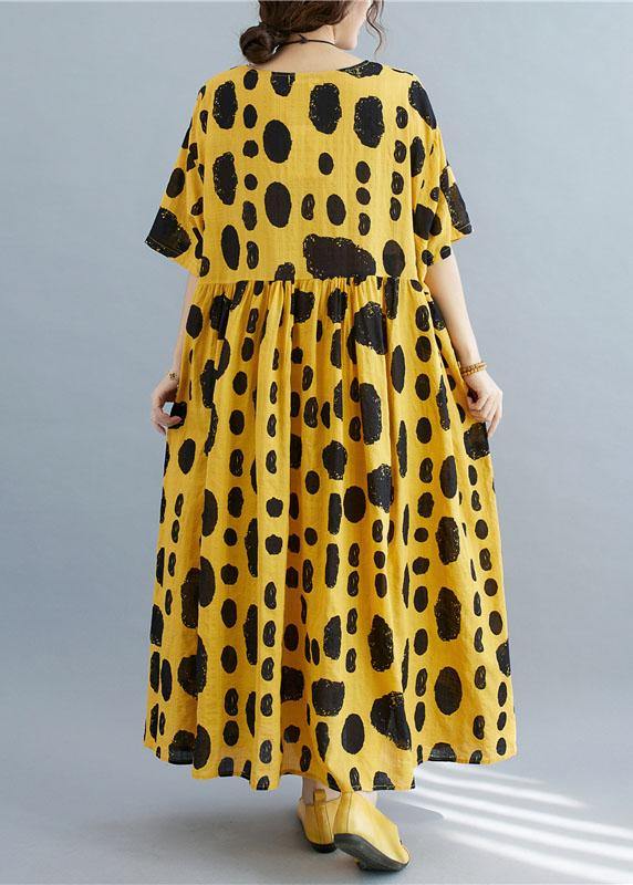 Style Yellow Loose O-neck Print Summer Cotton Dress Half Sleeve