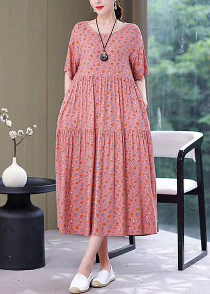 Style Yellow O-neck Print Wrinkled Long Dress Summer