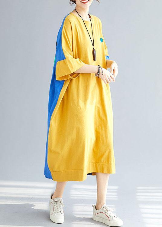 Style Yellow Patchwork Blue Summer Holiday Dress Half Sleeve
