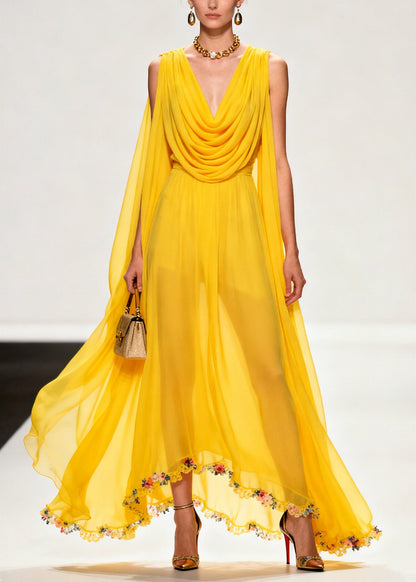 Style Yellow Turtle Neck Exra Large Hem Flower Chiffon Dresses Sleeveless