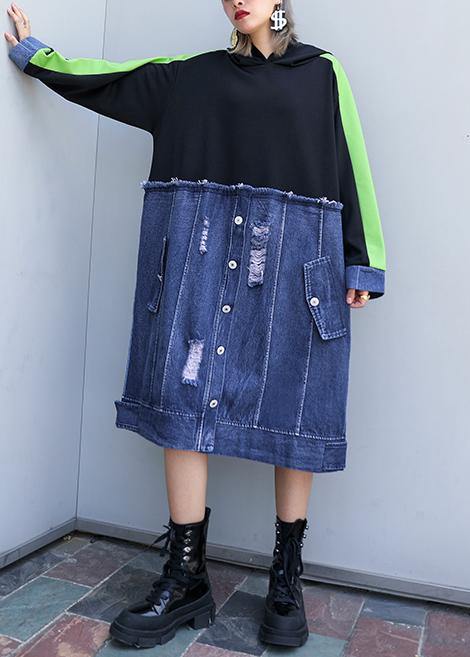 Style Black Patchwork Denim Blue Outfit Hooded Hole Shift Dresses