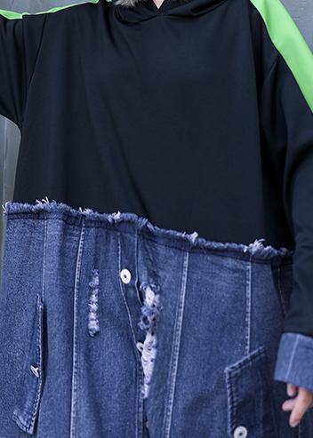 Style Black Patchwork Denim Blue Outfit Hooded Hole Shift Dresses