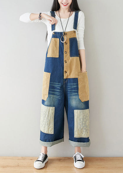 Style Dark Blue Pockets Patchwork Cotton Denim Jumpsuits Spring
