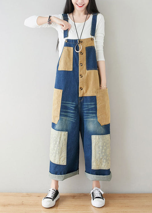 Style Dark Blue Pockets Patchwork Cotton Denim Jumpsuits Spring
