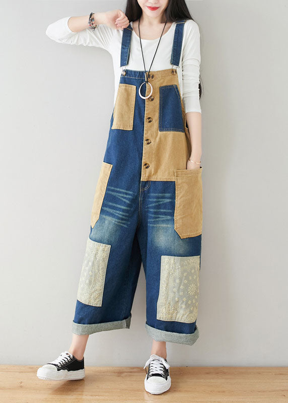 Style Dark Blue Pockets Patchwork Cotton Denim Jumpsuits Spring