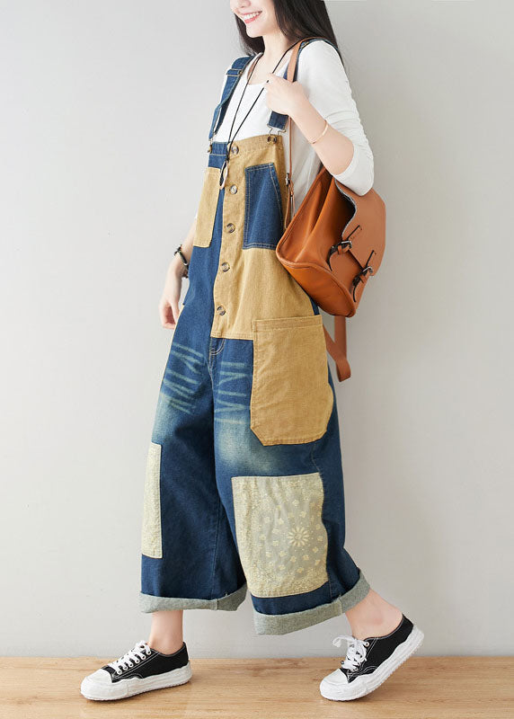 Style Dark Blue Pockets Patchwork Cotton Denim Jumpsuits Spring