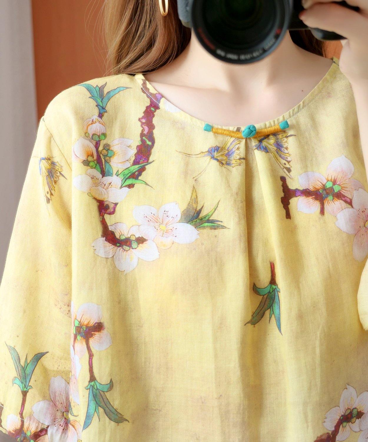 Style Yellow Print Top Silhouette O Neck Half Sleeve Dresses Blouse