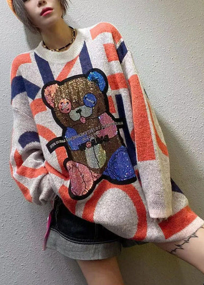 Stylish Apricot O-neck Patchwork Loose Fall Knit Sweater