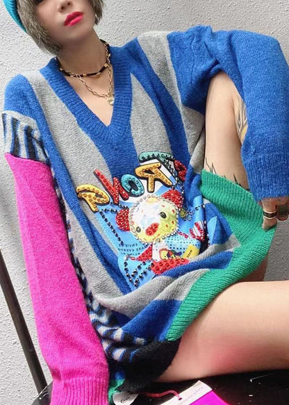 Stylish Apricot O-neck Patchwork Loose Fall Knit Sweater