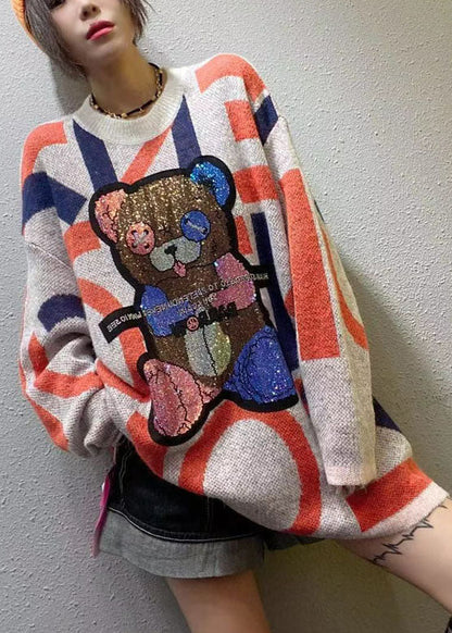 Stylish Apricot O-neck Patchwork Loose Fall Knit Sweater