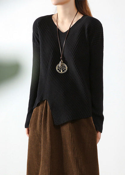 Stylish Apricot V Neck Asymmetrical Design Fall Knit Sweaters