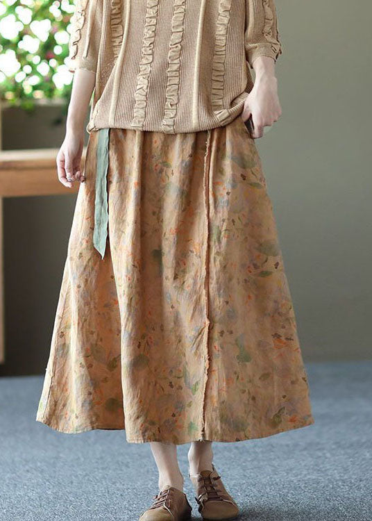 Stylish Apricot Wrinkled Pocketsprint Linen Skirts Summer