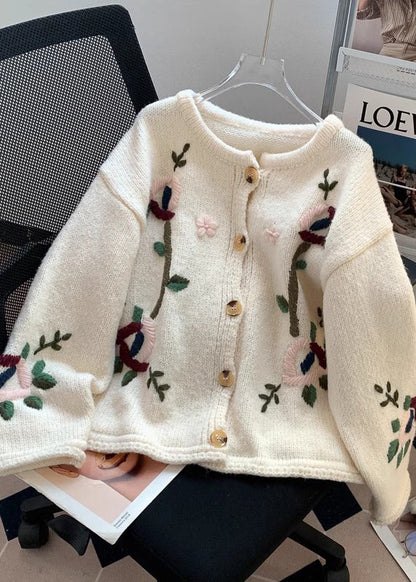 Stylish Beige Embroidered Knit Cardigans Spring