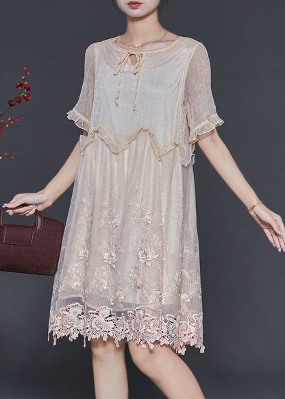 Stylish Beige Embroidered Patchwork Silk Party Dresses Summer