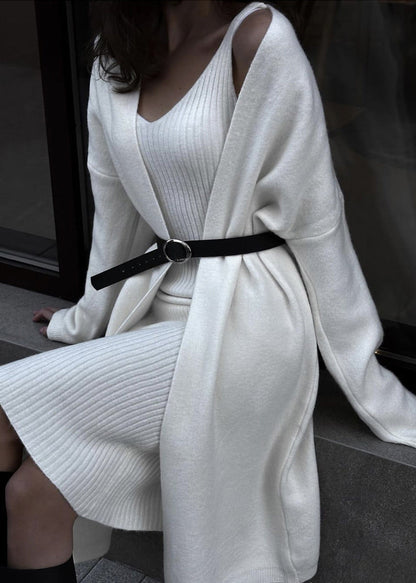 Stylish Beige O-neck Cashmere Cardigans and Long Sweaters Two Pieces Set Fall