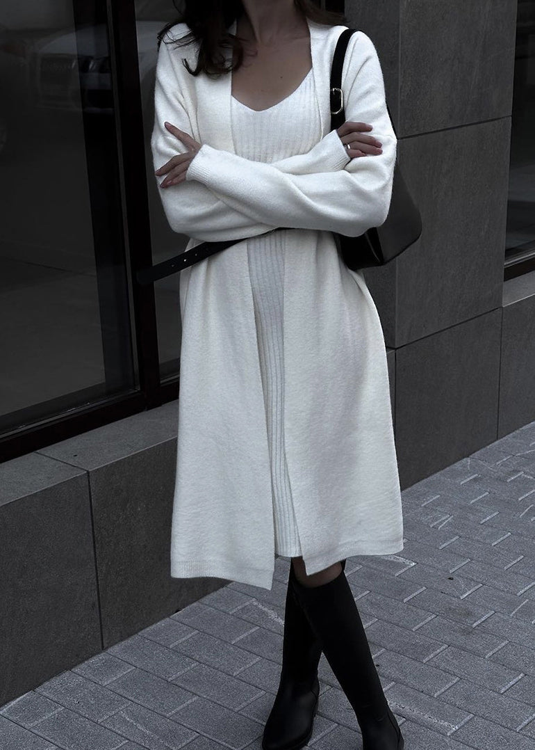 Stylish Beige O-neck Cashmere Cardigans and Long Sweaters Two Pieces Set Fall