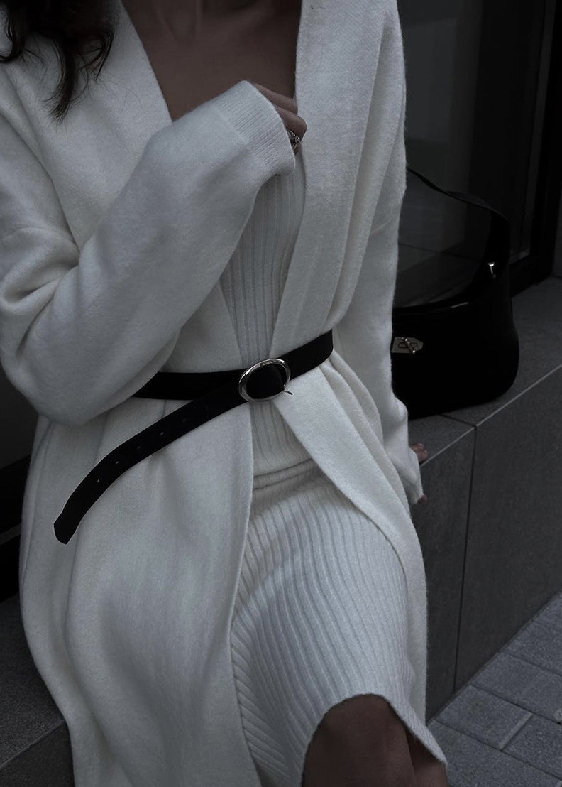 Stylish Beige O-neck Cashmere Cardigans and Long Sweaters Two Pieces Set Fall