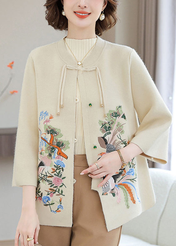 Stylish Beige O-neck Patchwork Wool Knit Cardigans Spring