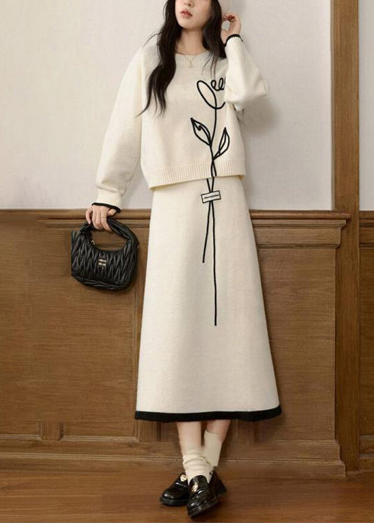 Stylish Beige O Neck Sweaters and Skirts Knit Two Pieces Set Spring