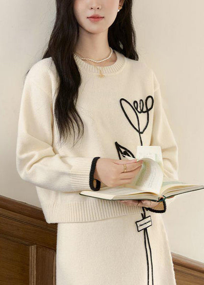Stylish Beige O Neck Sweaters and Skirts Knit Two Pieces Set Spring