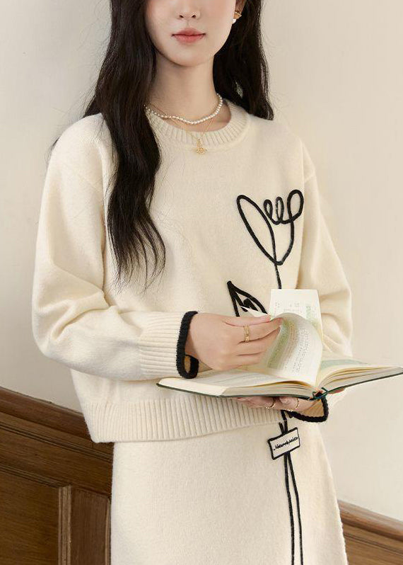 Stylish Beige O Neck Sweaters and Skirts Knit Two Pieces Set Spring