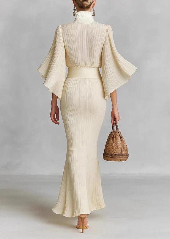 Stylish Beige Ruffled Side Open Shirts and Skirts Cotton Two Pieces Set Spring