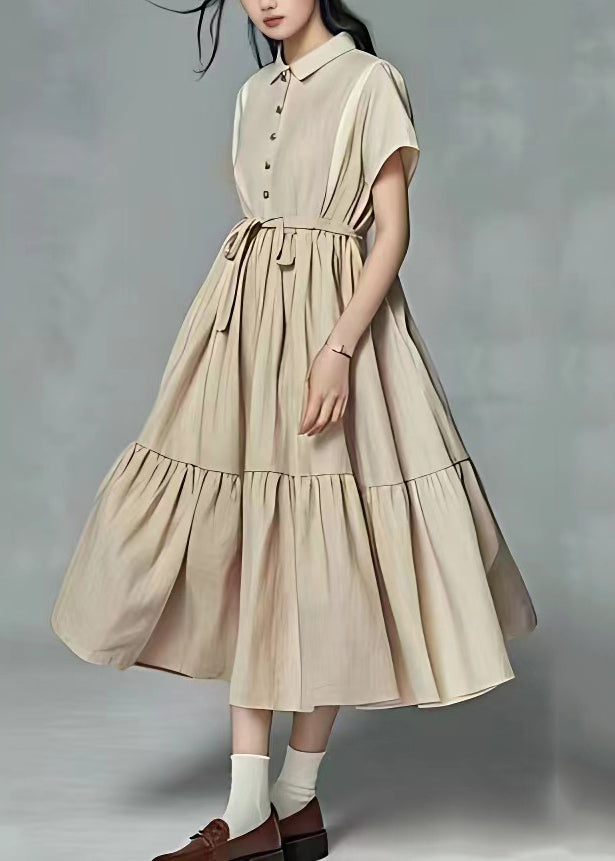 Stylish Beige Tie Waist Wrinkled Patchwork Linen Dress Summer