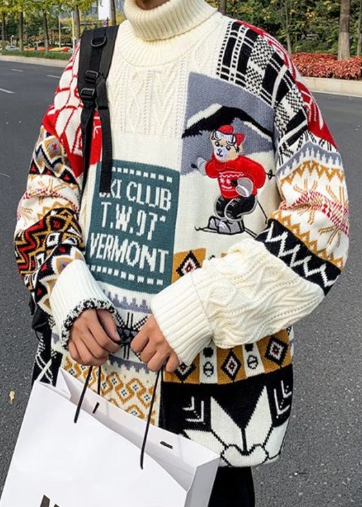 Stylish Beige Turtleneck Patchwork Warm Fleece Sweaters Winte