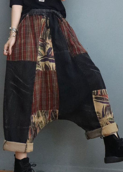 Stylish Black Cinched Patchwork Denim Pants Winter