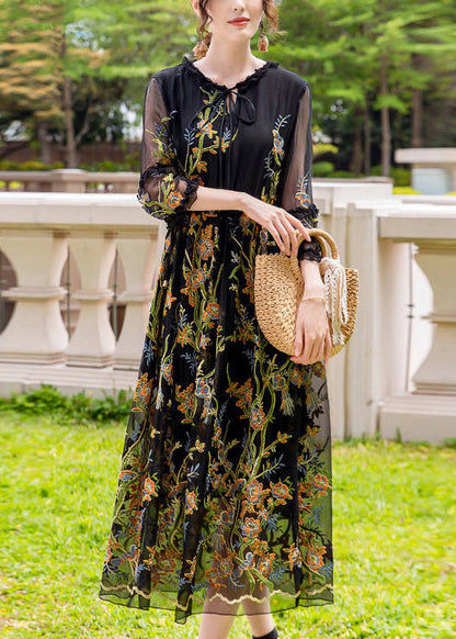 Stylish Black Print Hollow Out Silk Maxi Dresses Summer